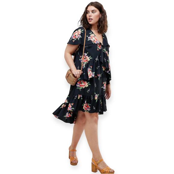 ASOS Design Curve Midi Tea Dress With Cape Back 26 Black Multi Floral Print - Picture 1 of 13